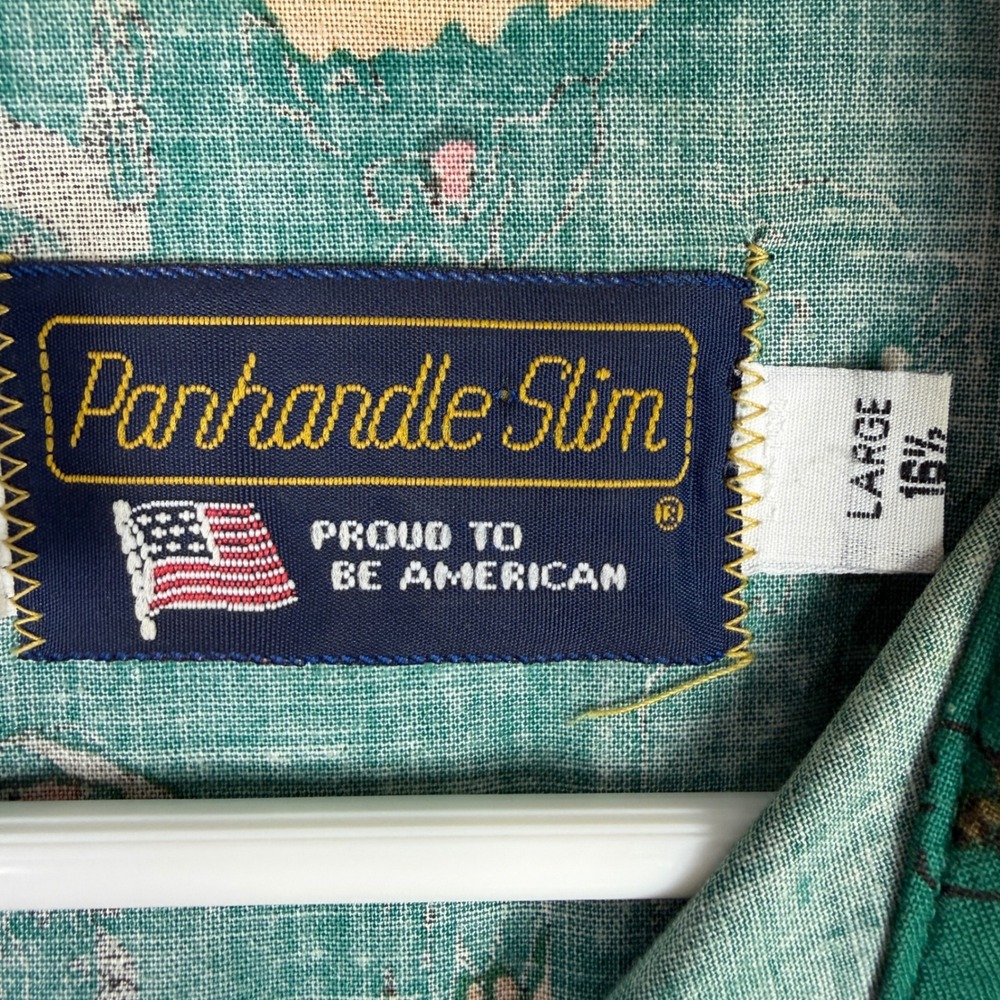 Panhandle Slim Men's Large Green Indigenous Warrior Print Western Shirt Made USA - Picture 8 of 10